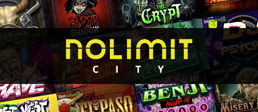 Nolimit City logotyp och några av dess spel.