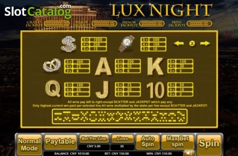Paytable. Lux Night slot