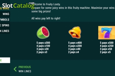 PayTable screen. Fruity Looty slot