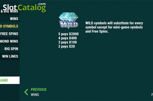 Game Features screen. Wild Diamond Wins slot