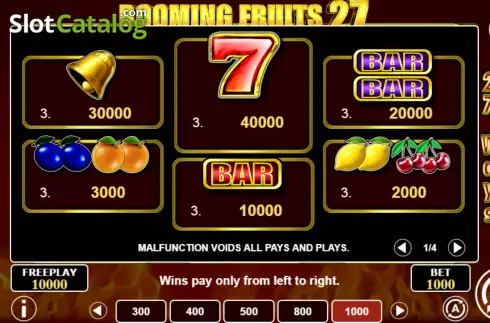 Paytable screen. Booming Fruits 27 slot