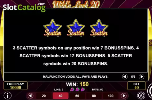 Free Spins feature screen. Wild'n Luck 20 slot