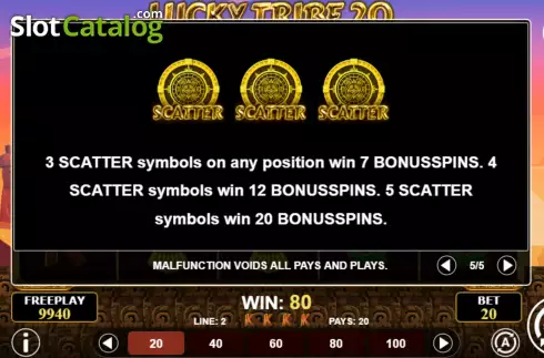 Bonus Spins screen. Lucky Tribe 20 slot