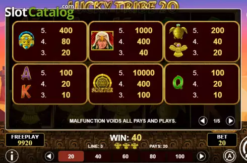 Paytable screen. Lucky Tribe 20 slot