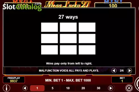 Pay Lines screen. Mega Lucky 27 slot
