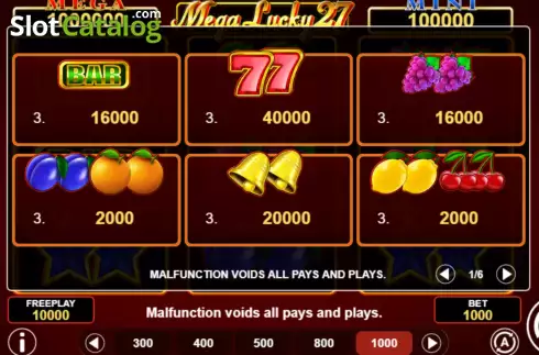 Pay Table screen. Mega Lucky 27 slot