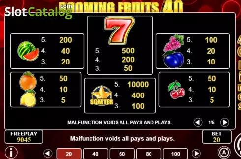 Pay Table screen. Booming Fruits 40 slot