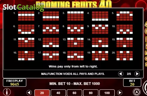 Pay Lines screen. Booming Fruits 40 slot