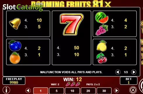 Pay Table screen. Booming Fruits 81x slot