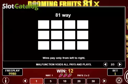 Pay Lines screen. Booming Fruits 81x slot