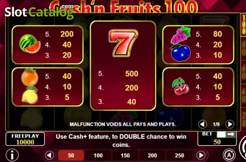 PayTable Screen. Cash'n Fruits 100 slot