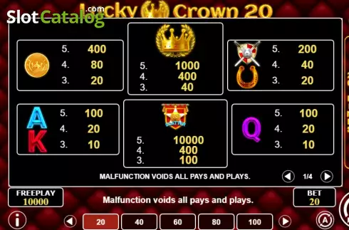 PayTable Screen. Lucky Crown 20 slot