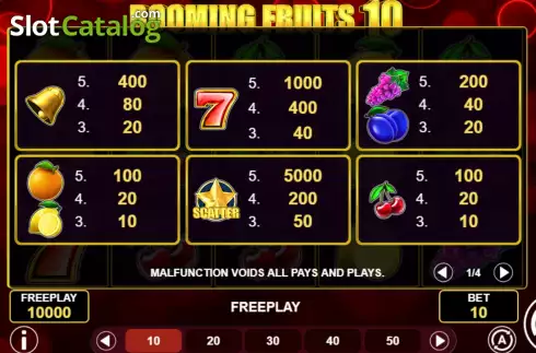 PayTable Screen. Booming Fruits 10 slot
