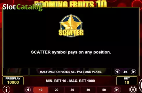 Scatter Symbols screen. Booming Fruits 10 slot