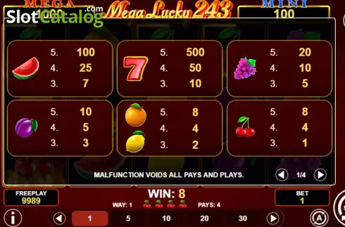 PayTable Screen. Mega Lucky 243 slot