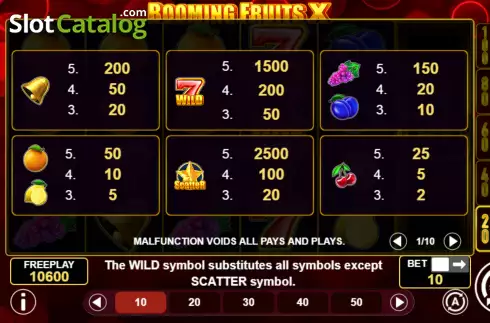 Paytable screen. Booming Fruits X slot