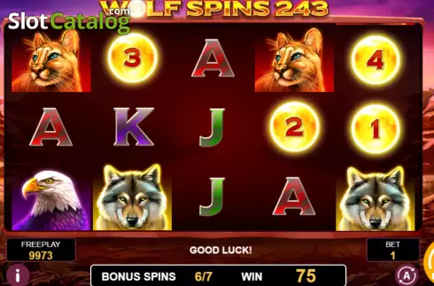 Free Games screen 3. Wolf Spins 243 slot