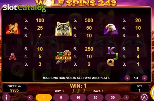 Pay Table screen. Wolf Spins 243 slot