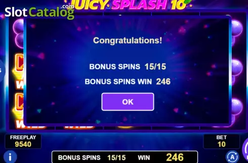 Win Free Games screen. Juicy Splash 10 slot