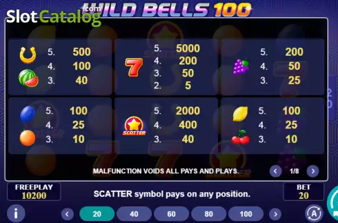 Paytable screen. Wild Bells 100 slot