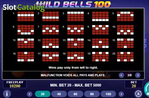 Paylines screen. Wild Bells 100 slot