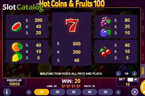 Paytable screen. Hot Coins & Fruits 100 slot