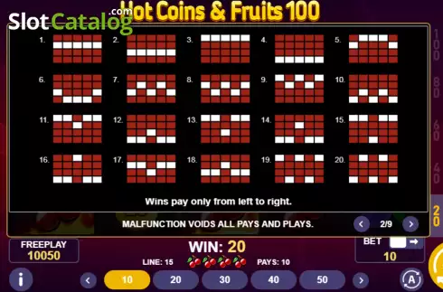 Paylines screen. Hot Coins & Fruits 100 slot