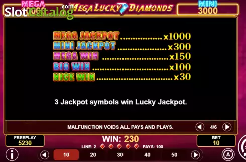 Jackpot paytable screen. Mega Lucky Diamonds slot