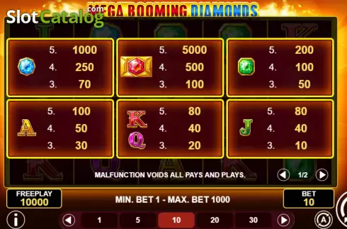 PayTable Screen. Mega Booming Diamonds slot