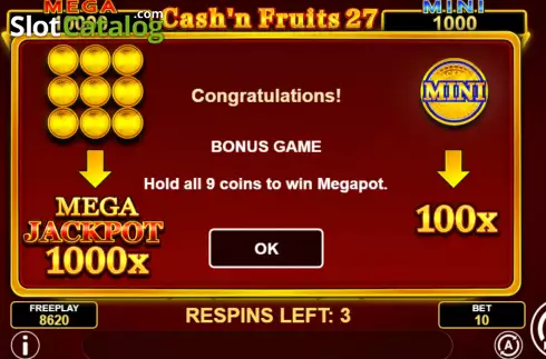 Bonus Game Win Screen 2. Cash'n Fruits 27 Hold And Win slot