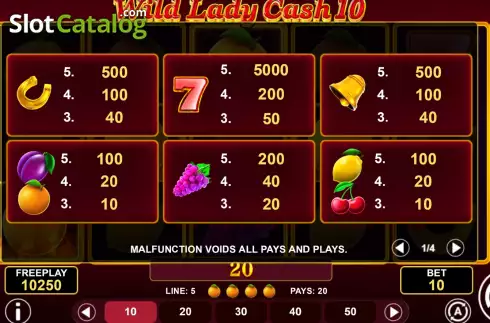 PayTable screen. Wild Lady Cash 10 slot