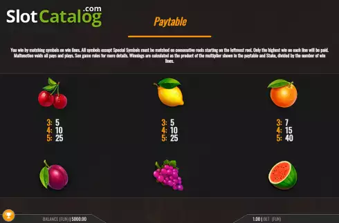 PayTable Screen. Smoking Hot Fruits Wild Respins slot