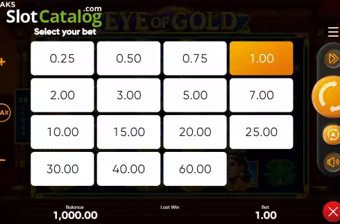 Bets Screen. Eye of Gold slot