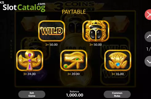 PayTable Screen. 3 Coins: Egypt slot