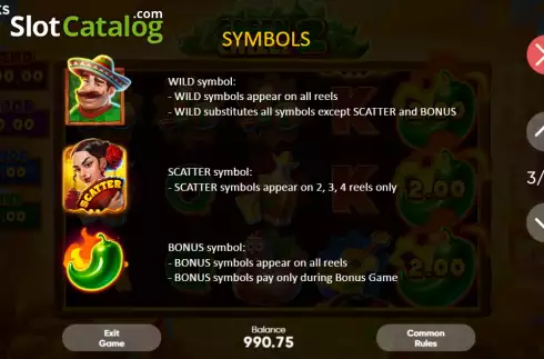 Special symbols screen. Green Chilli 2 slot