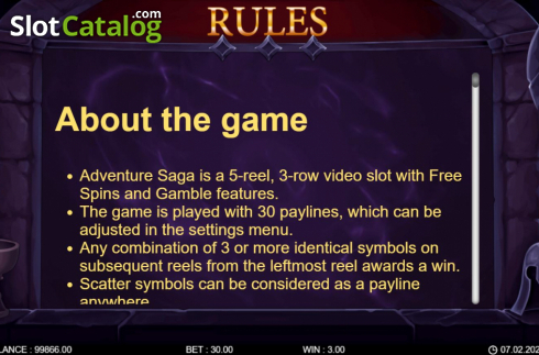 Game info screen. Adventure Saga slot