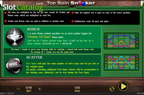 Paylines screen. Top Spin Snooker slot