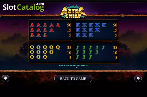Low paytable screen. Aztec Chief slot