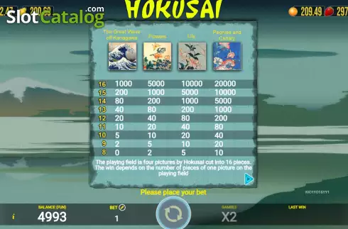 Game Features screen. Hokusai slot