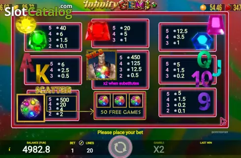 PayTable screen. Infinity Gems slot