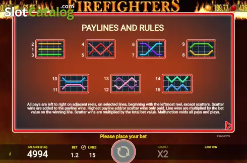 PayLines screen. Firefighters (AGT Software) slot