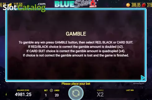 Game Rules screen. Blue Star 6 Reels slot