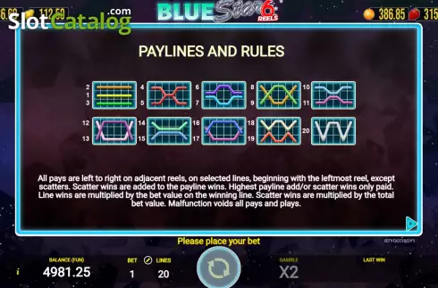 PayLines screen. Blue Star 6 Reels slot