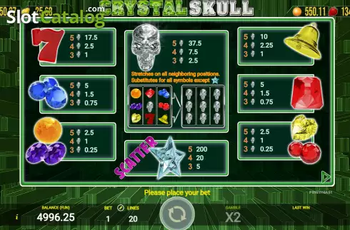 PayTable screen. Crystal Skull (AGT Software) slot