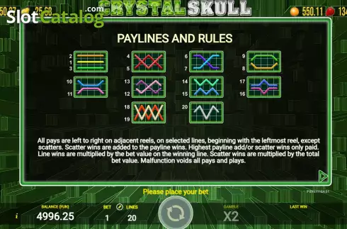 PayLines screen. Crystal Skull (AGT Software) slot