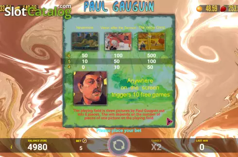 Paytable screen. Paul Gauguin slot