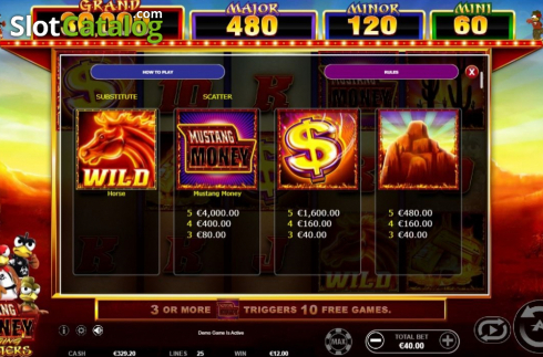 Paytable 1. Mustang Money RR slot
