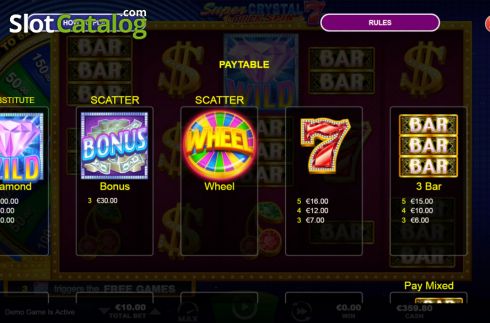 Paytable screen. Super Crystal 7s slot