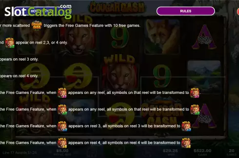 Free Games screen. Cougar Cash slot