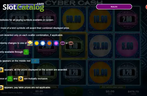Features screen. Cyber Cash slot